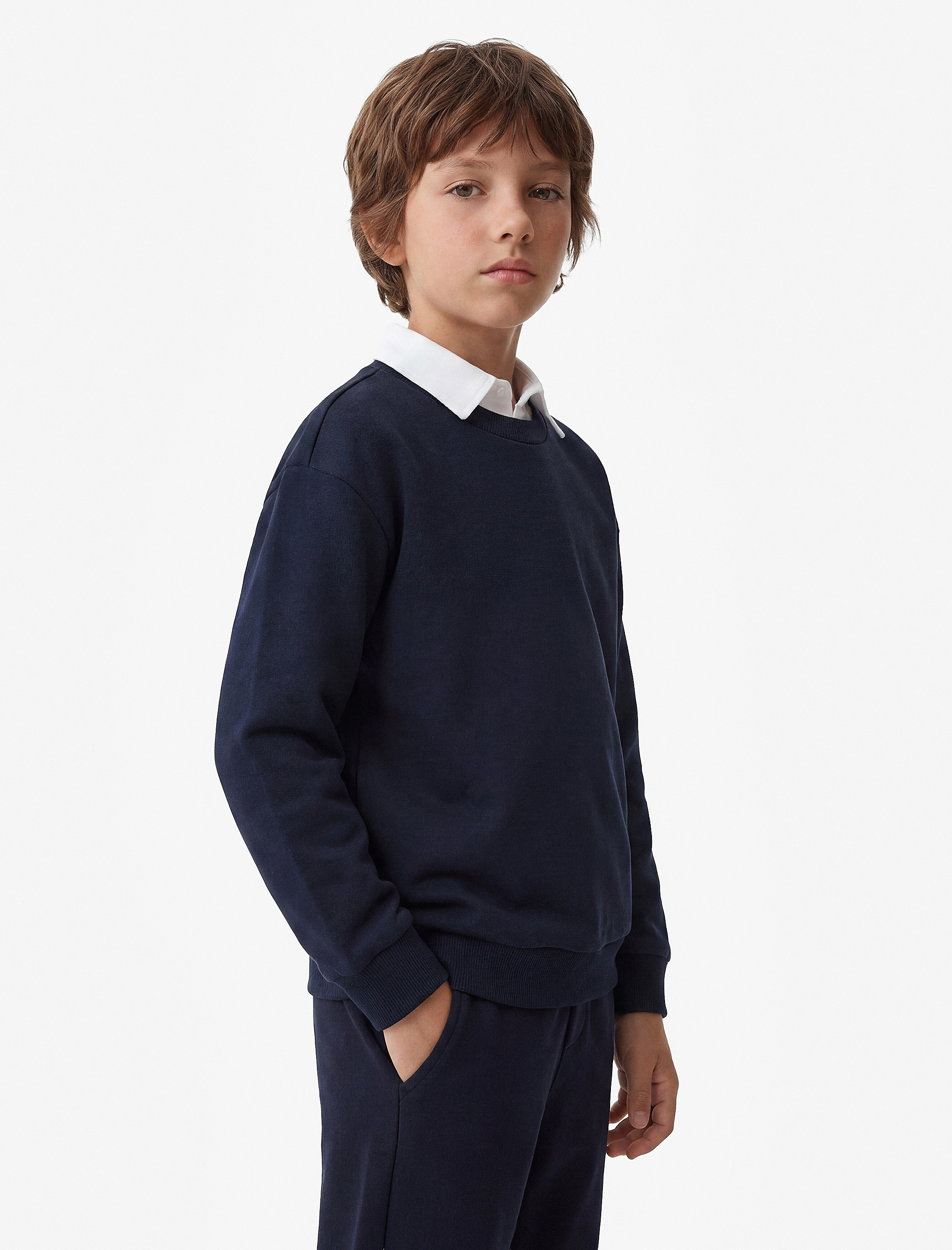  Erkek Çocuk Uzun Kollu Okul Gömleği Yaka Oversize Okul Sweatshirt