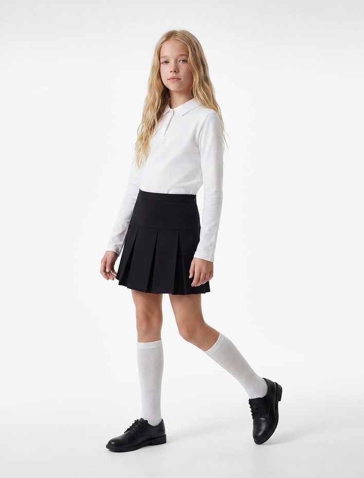 Kız Çocuk Uzun Kollu Pamuklu Basic Polo Yaka Okul Tişörtü