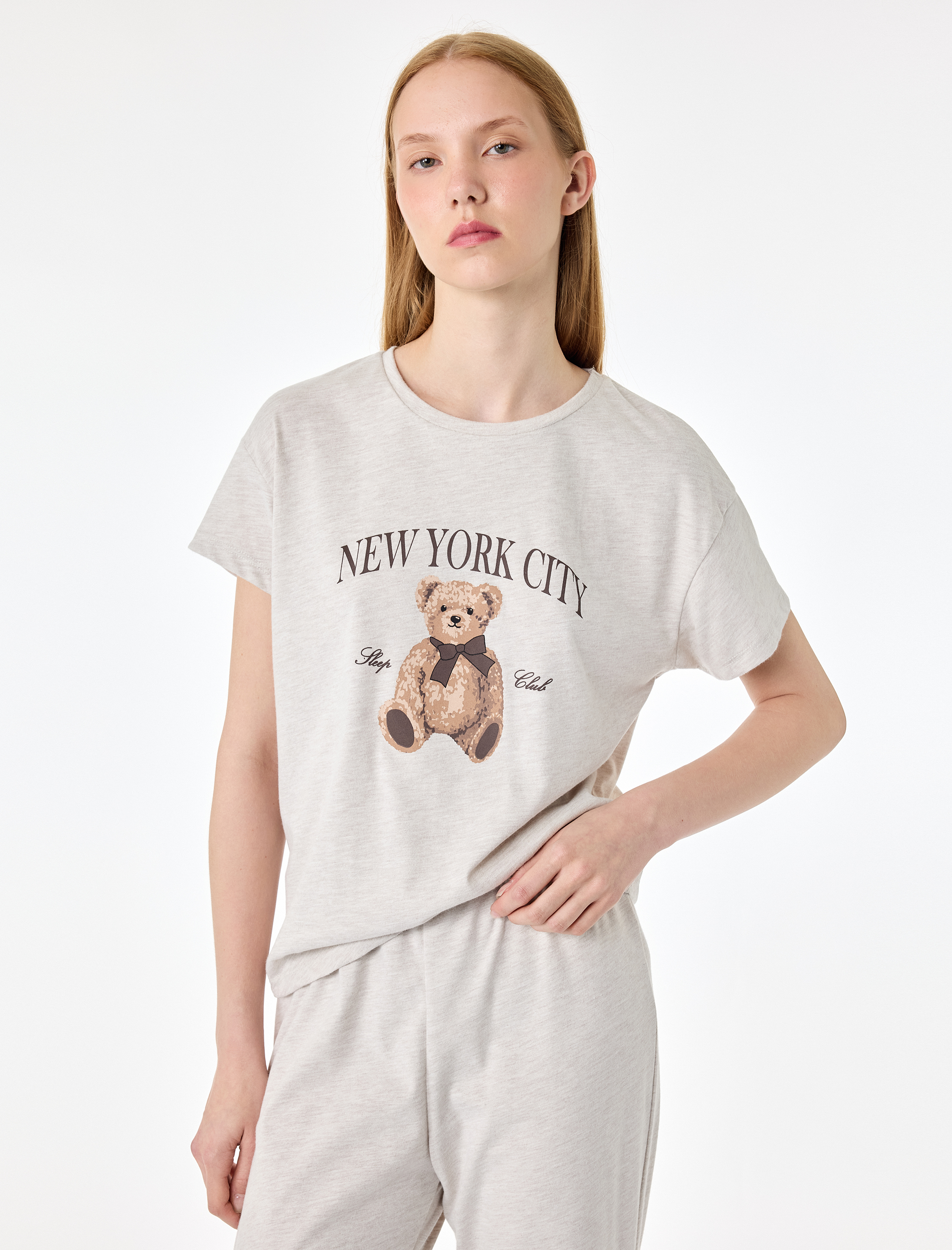   Kısa Kollu Bisiklet Yaka Ayıcık Baskılı Pijama Takımı