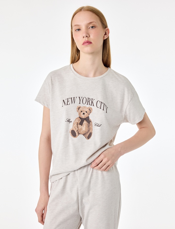  Kısa Kollu Bisiklet Yaka Ayıcık Baskılı Pijama Takımı