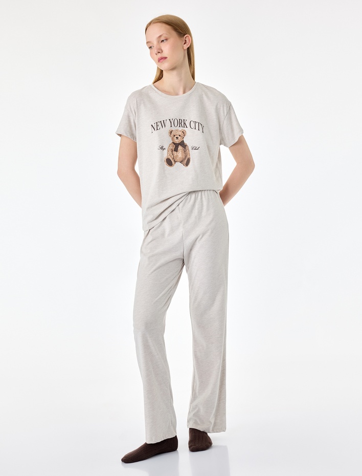  Kısa Kollu Bisiklet Yaka Ayıcık Baskılı Pijama Takımı