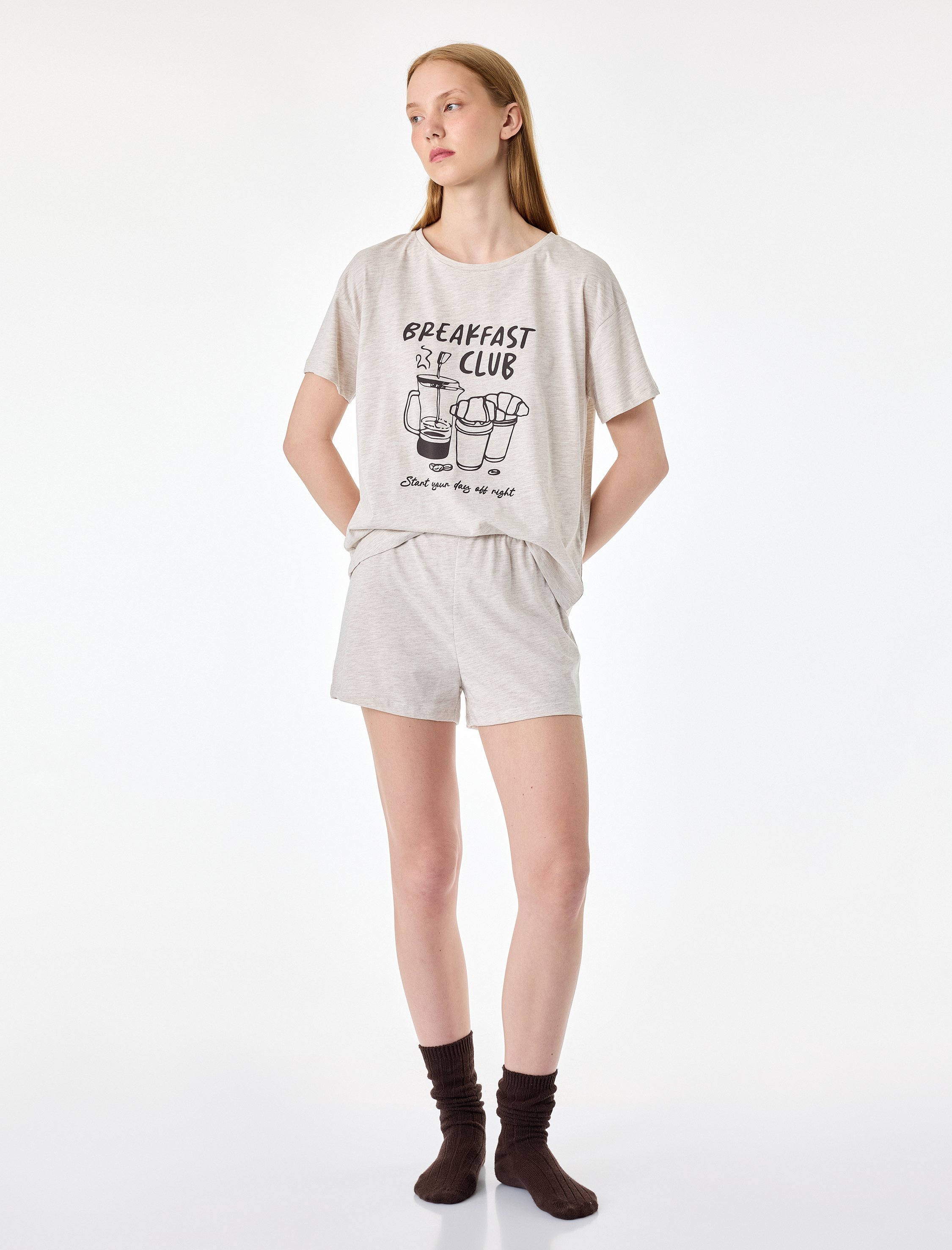   Baskılı Kısa Kollu Bisiklet Yaka Pamuklu Şortlu Pijama Takımı