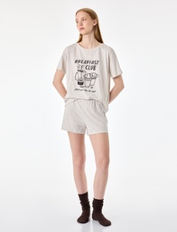 Baskılı Kısa Kollu Bisiklet Yaka Pamuklu Şortlu Pijama Takımı