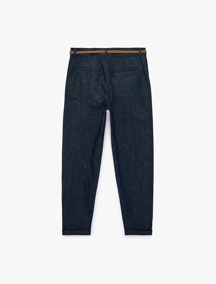  Kemerli Yüksek Bel Rahat Kalıp Chino Denim Pantolon