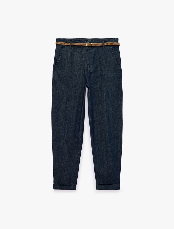  Kemerli Yüksek Bel Rahat Kalıp Chino Denim Pantolon