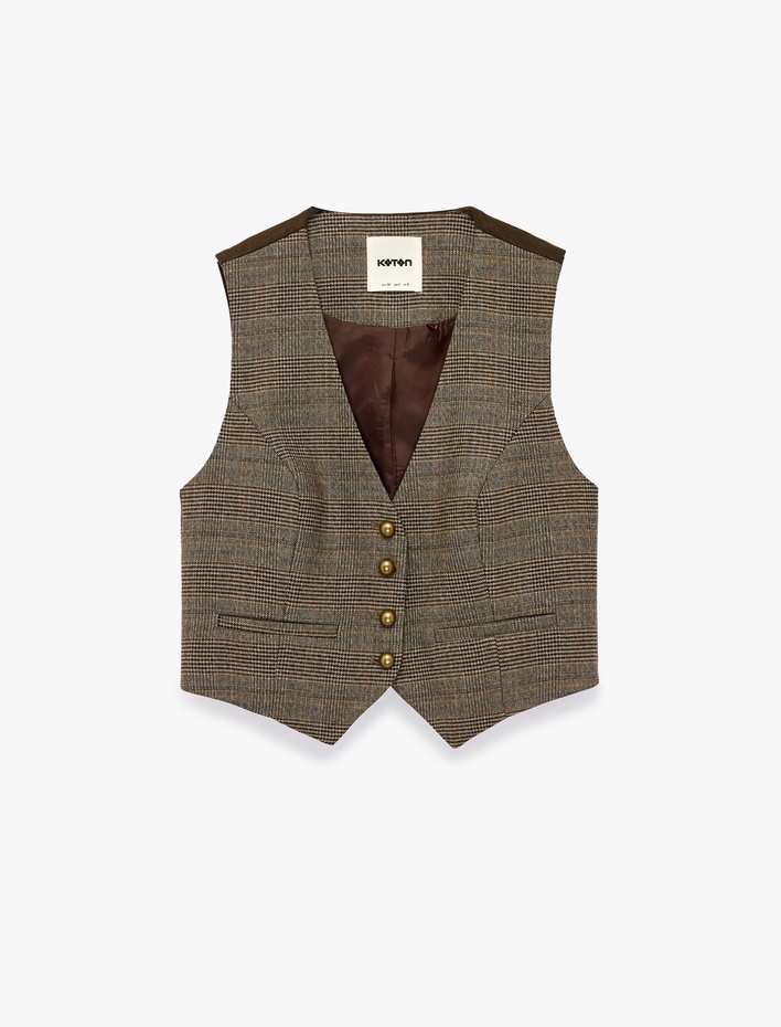  Viskon Karışımlı Slim Fit Düğmeli V Yaka Kolsuz Klasik Yelek