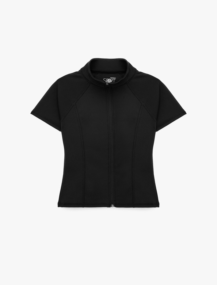  Slim Fit Fermuarlı Dik Yaka Kısa Kollu Spor Tişört
