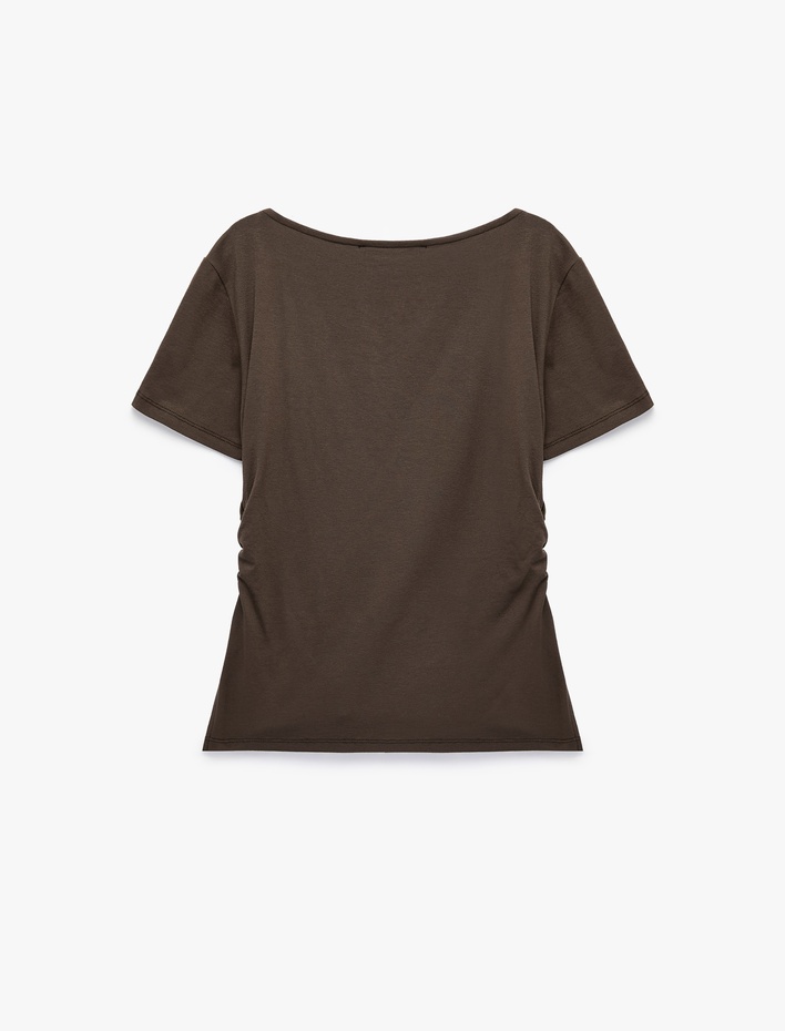  Viskon Slim Fit Büzgülü Bisiklet Yaka Kısa Kollu Tişört