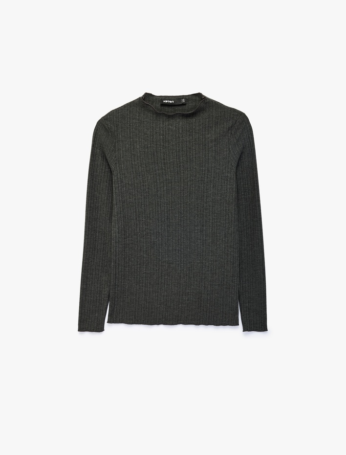  Kaşkorse Viskon Kumaş Slim Fit Uzun Kollu Fırfırlı Bisiklet Yaka Tişört