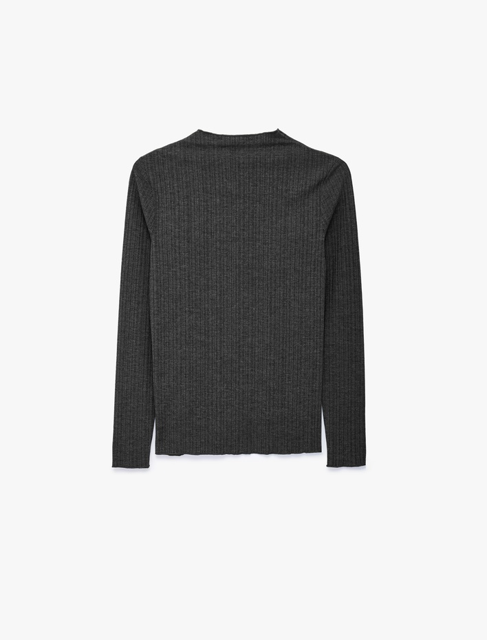  Kaşkorse Viskon Kumaş Slim Fit Uzun Kollu Fırfırlı Bisiklet Yaka Tişört