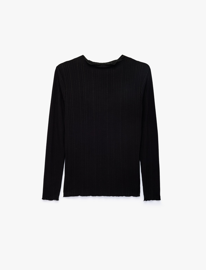  Kaşkorse Viskon Kumaş Slim Fit Uzun Kollu Fırfırlı Bisiklet Yaka Tişört
