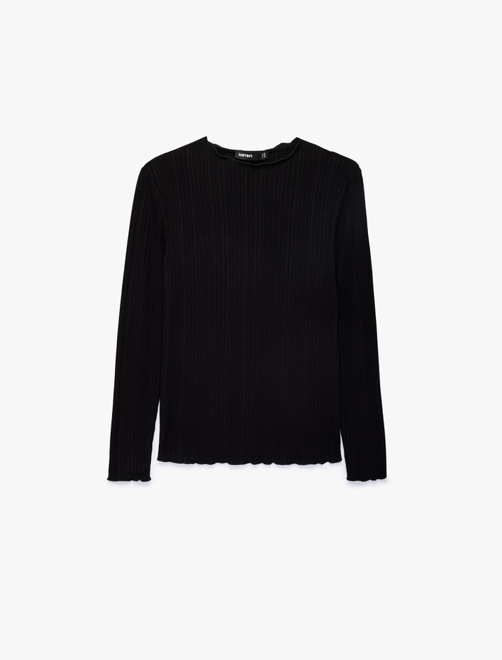  Kaşkorse Viskon Kumaş Slim Fit Uzun Kollu Fırfırlı Bisiklet Yaka Tişört