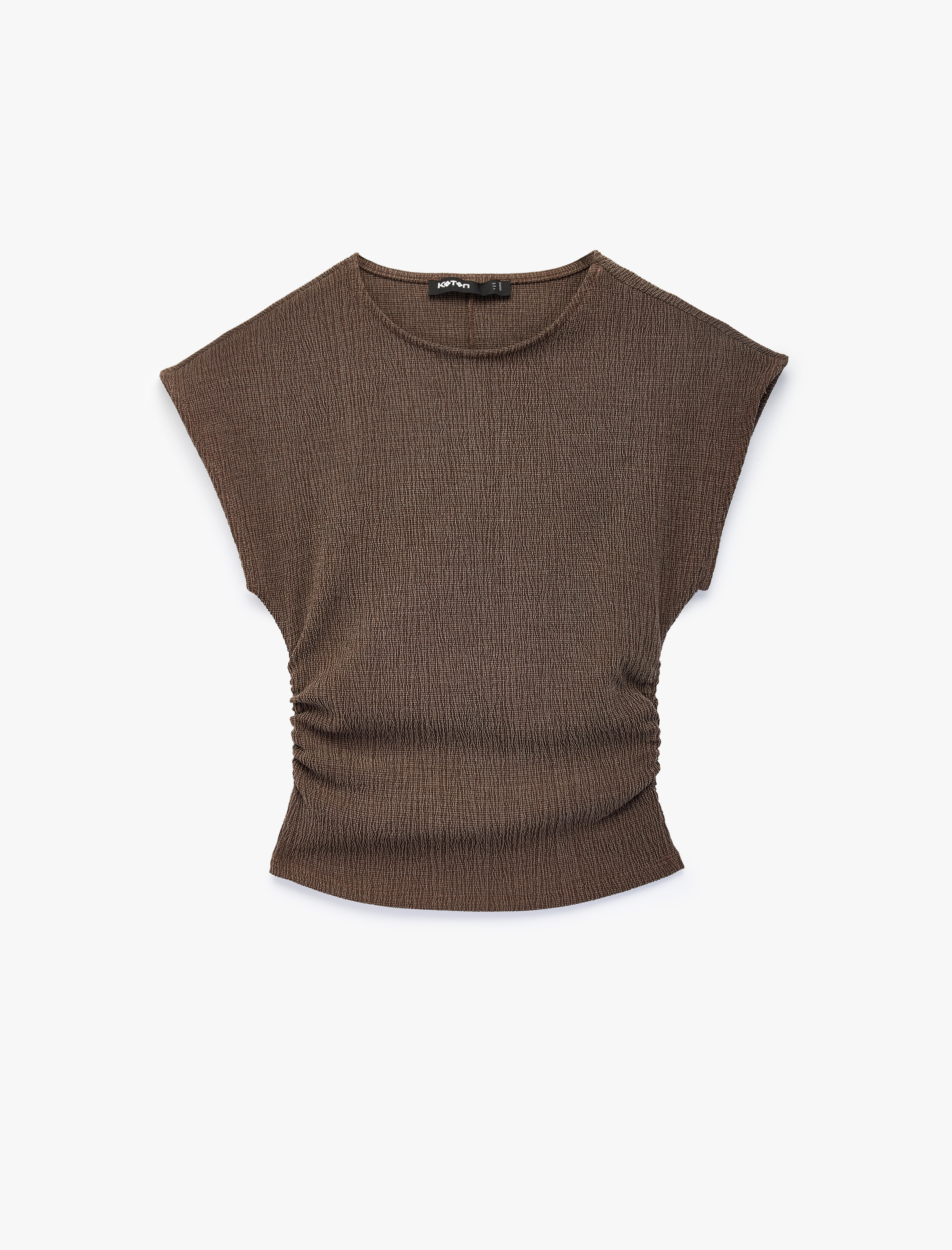   Bürümcük Kumaş Dokulu Slim Fit Drapeli Kap Kol Bisiklet Yaka Tişört