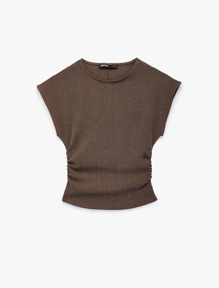  Bürümcük Kumaş Dokulu Slim Fit Drapeli Kap Kol Bisiklet Yaka Tişört