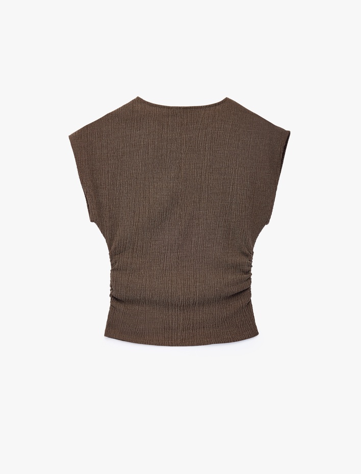  Bürümcük Kumaş Dokulu Slim Fit Drapeli Kap Kol Bisiklet Yaka Tişört
