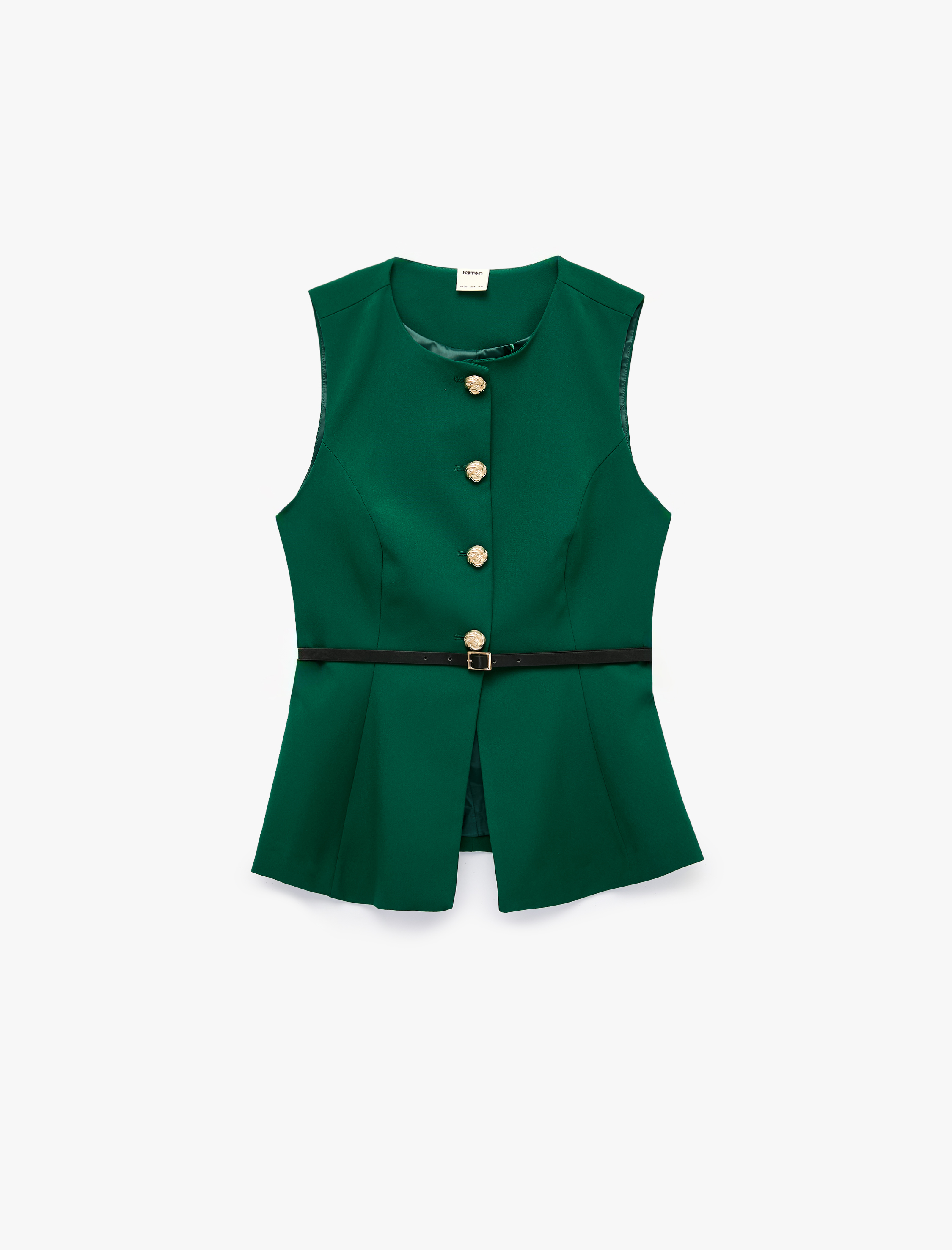   Slim Fit Mücevher Düğmeli Bisiklet Yaka Kemerli Peplum Yelek