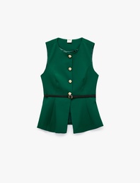 Slim Fit Mücevher Düğmeli Bisiklet Yaka Kemerli Peplum Yelek