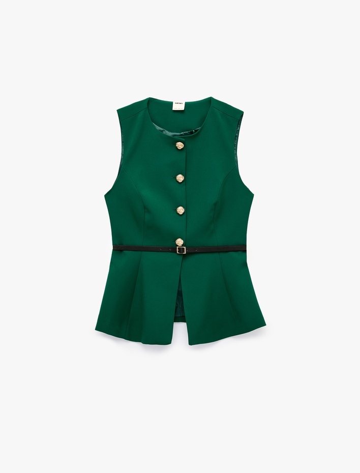  Slim Fit Mücevher Düğmeli Bisiklet Yaka Kemerli Peplum Yelek
