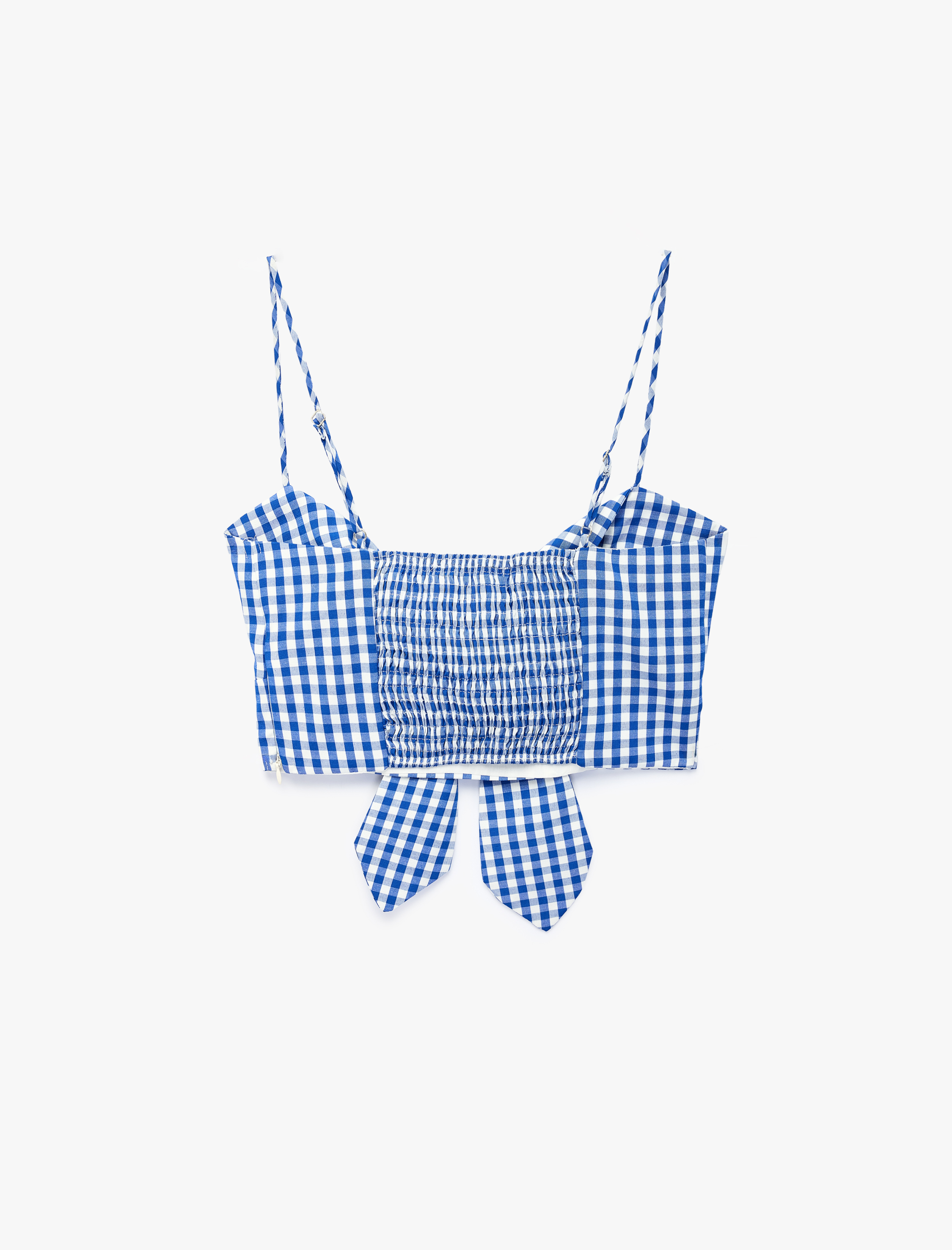   Koton X Sibil Çetinkaya - Kalp Yaka Fiyonk Bağlama Detaylı Pötikareli Askılı Crop Bluz