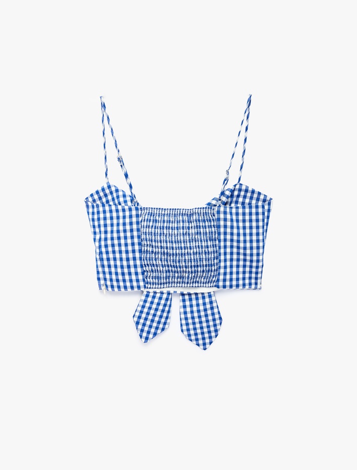  Koton X Sibil Çetinkaya - Kalp Yaka Fiyonk Bağlama Detaylı Pötikareli Askılı Crop Bluz