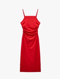 Slim Fit Kare Yaka İp Askılı Drapeli Midi Elbise
