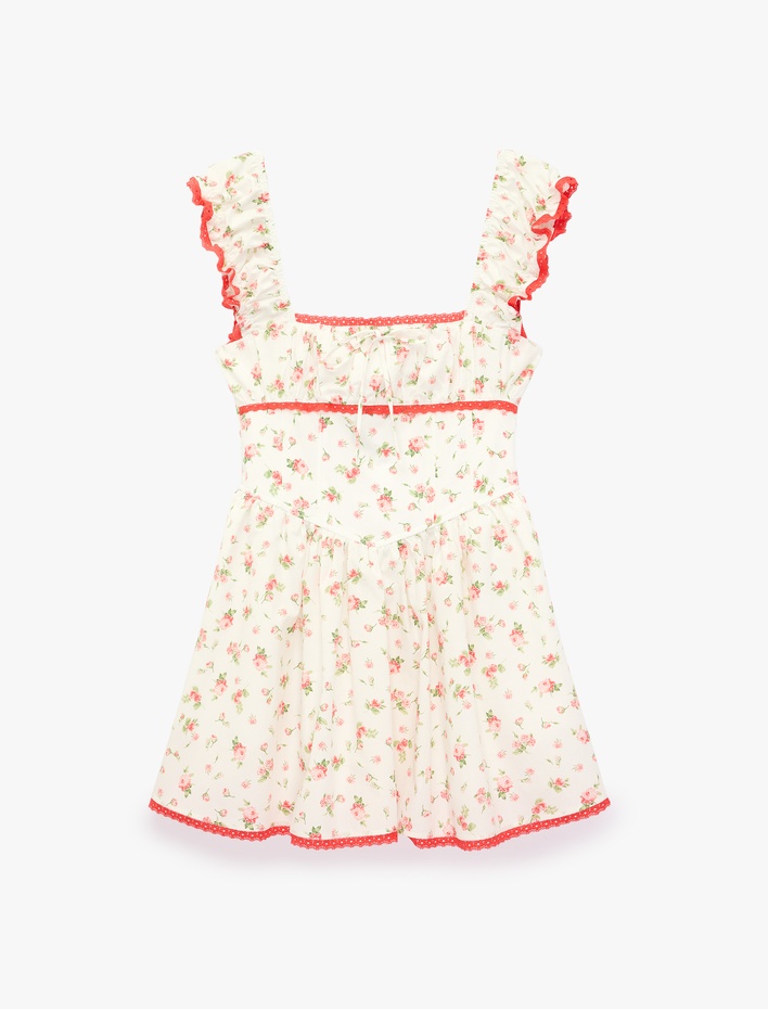  Gipeli Pamuklu Slim Fit Bağlama Detaylı Kare Yaka Askılı Çiçekli Mini Elbise