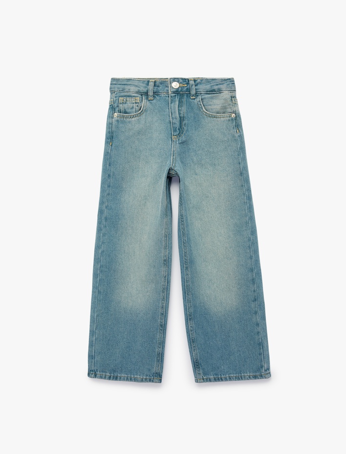 Kız Çocuk Pamuklu Cepli Loose Fit Geniş Paça Denim Pantolon