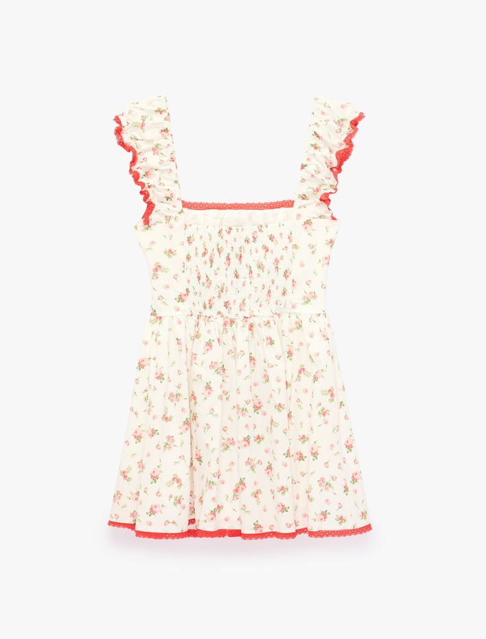  Gipeli Pamuklu Slim Fit Bağlama Detaylı Kare Yaka Askılı Çiçekli Mini Elbise