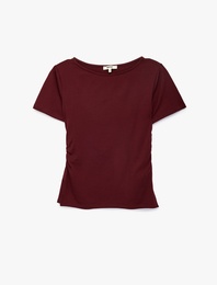 Viskon Slim Fit Büzgülü Bisiklet Yaka Kısa Kollu Tişört