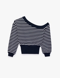 Rahat Kalıp Kayık Yaka Uzun Kollu Çizgili Crop Sweatshirt