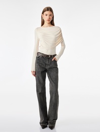 Viskon Slim Fit Drape Detaylı Bisiklet Yaka Uzun Kollu Bluz