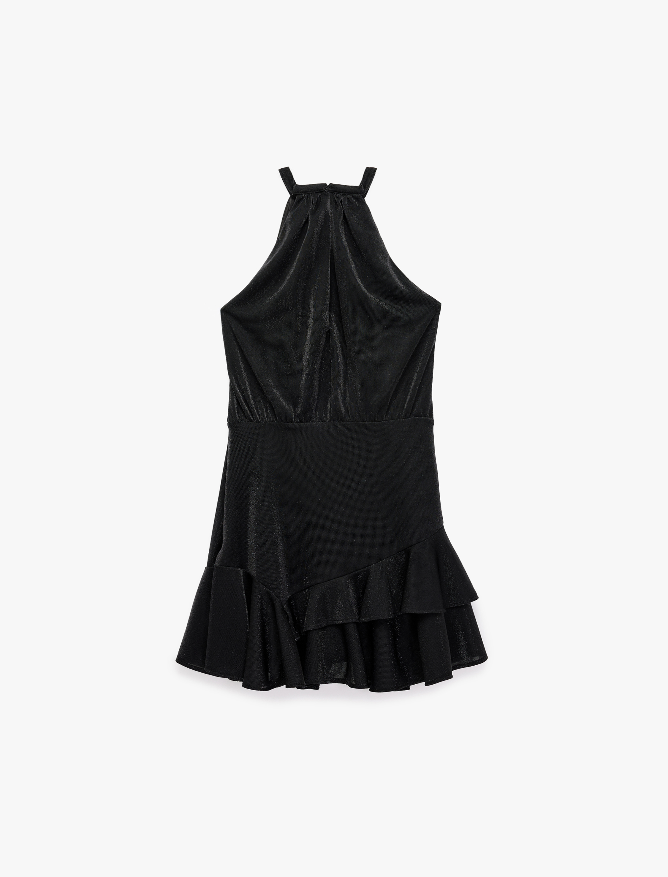  Slim Fit Volanlı Kolsuz Halter Yaka Kadife Simli Mini Abiye Elbise