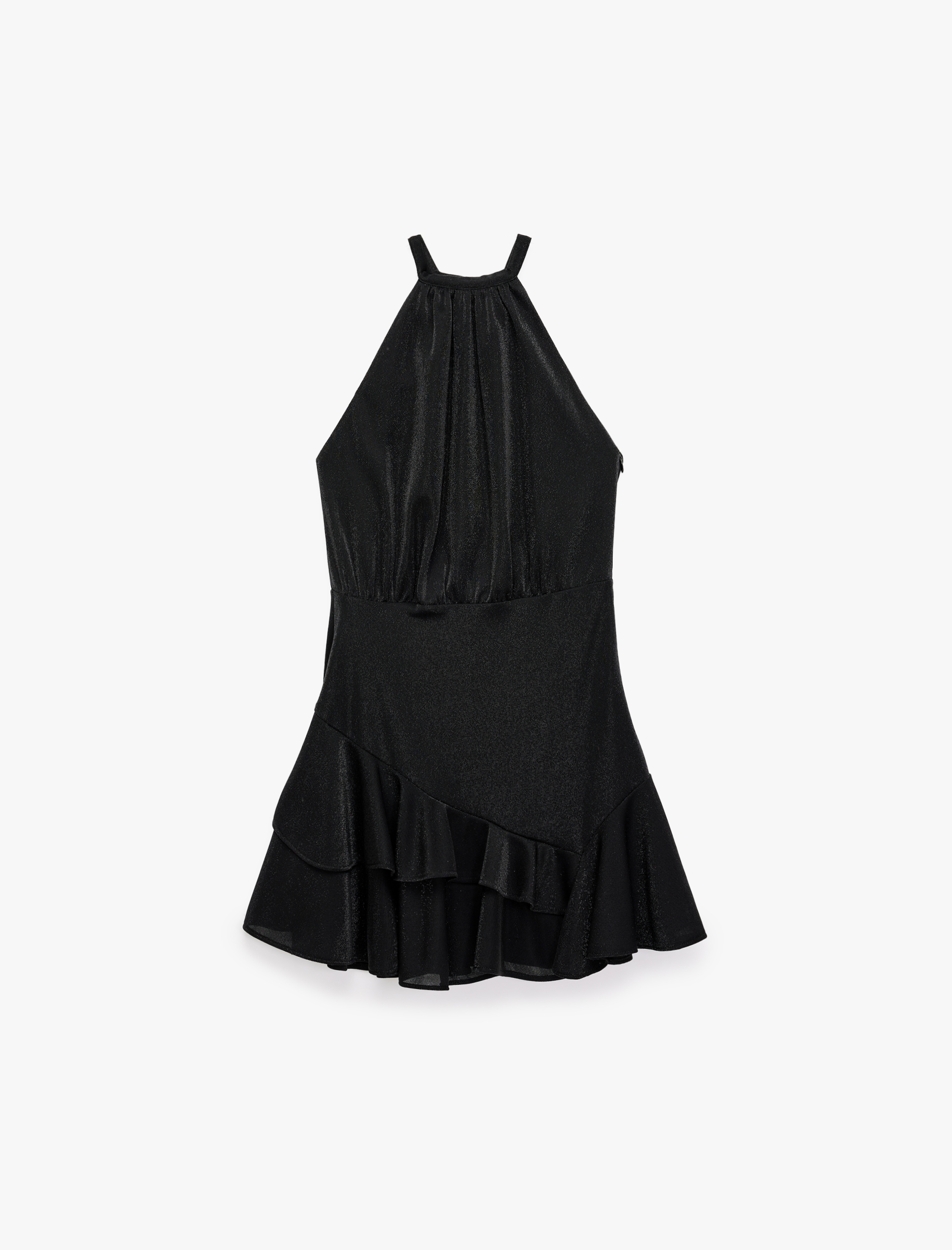   Slim Fit Volanlı Kolsuz Halter Yaka Kadife Simli Mini Abiye Elbise