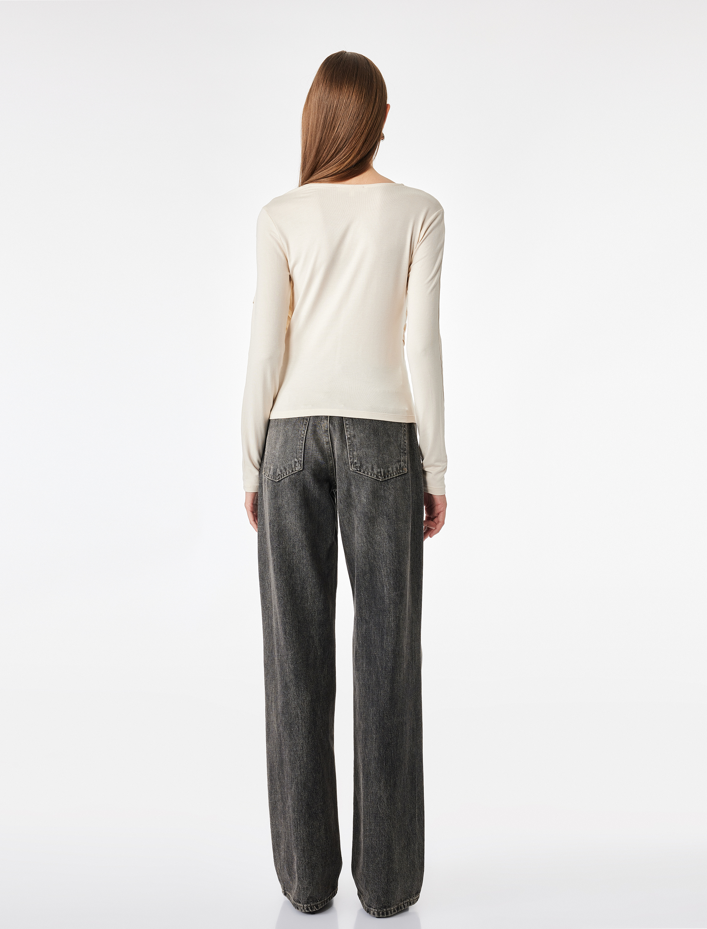   Viskon Slim Fit Drape Detaylı Bisiklet Yaka Uzun Kollu Bluz