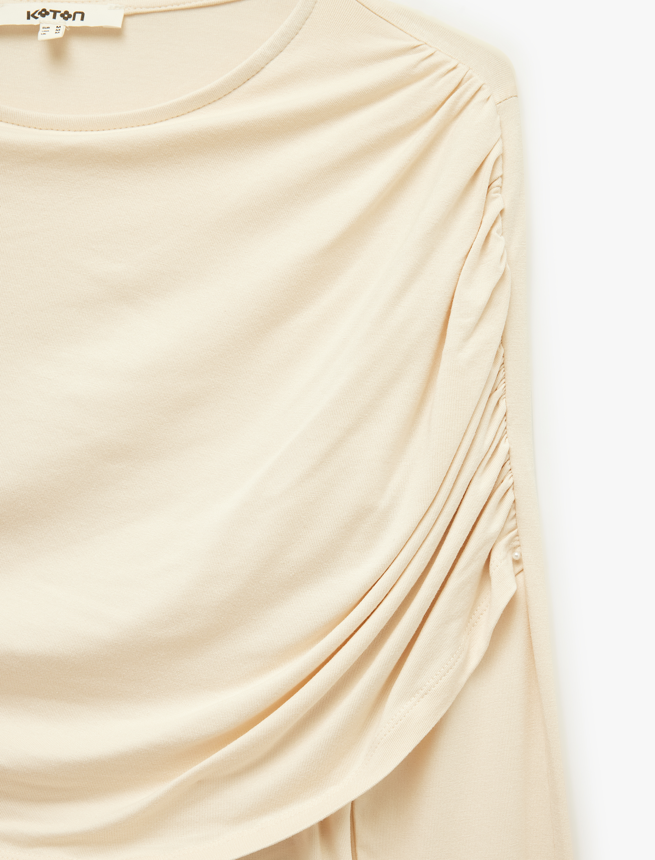   Viskon Slim Fit Drape Detaylı Bisiklet Yaka Uzun Kollu Bluz