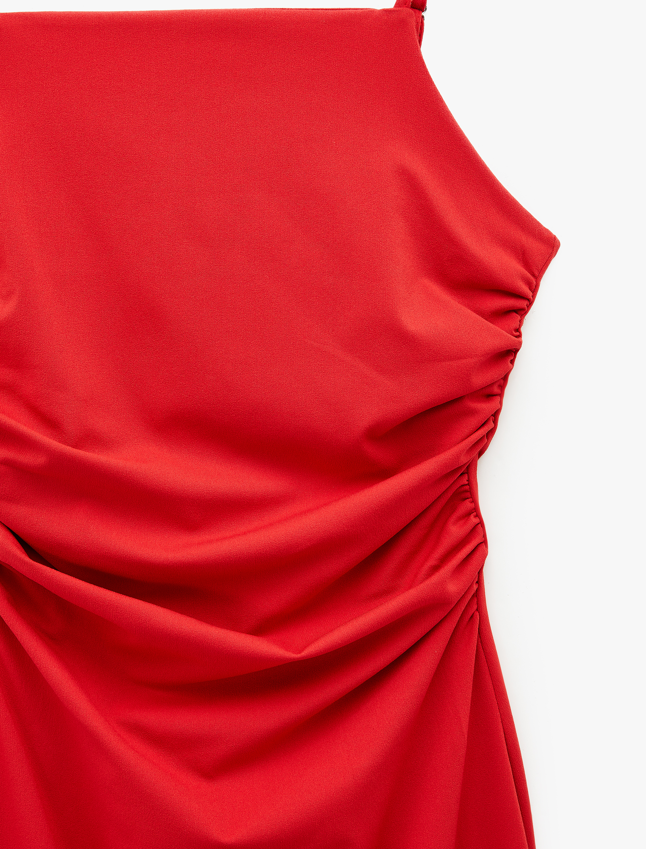   Slim Fit Kare Yaka İp Askılı Drapeli Midi Elbise