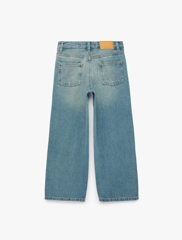 Kız Çocuk Pamuklu Cepli Loose Fit Geniş Paça Denim Pantolon