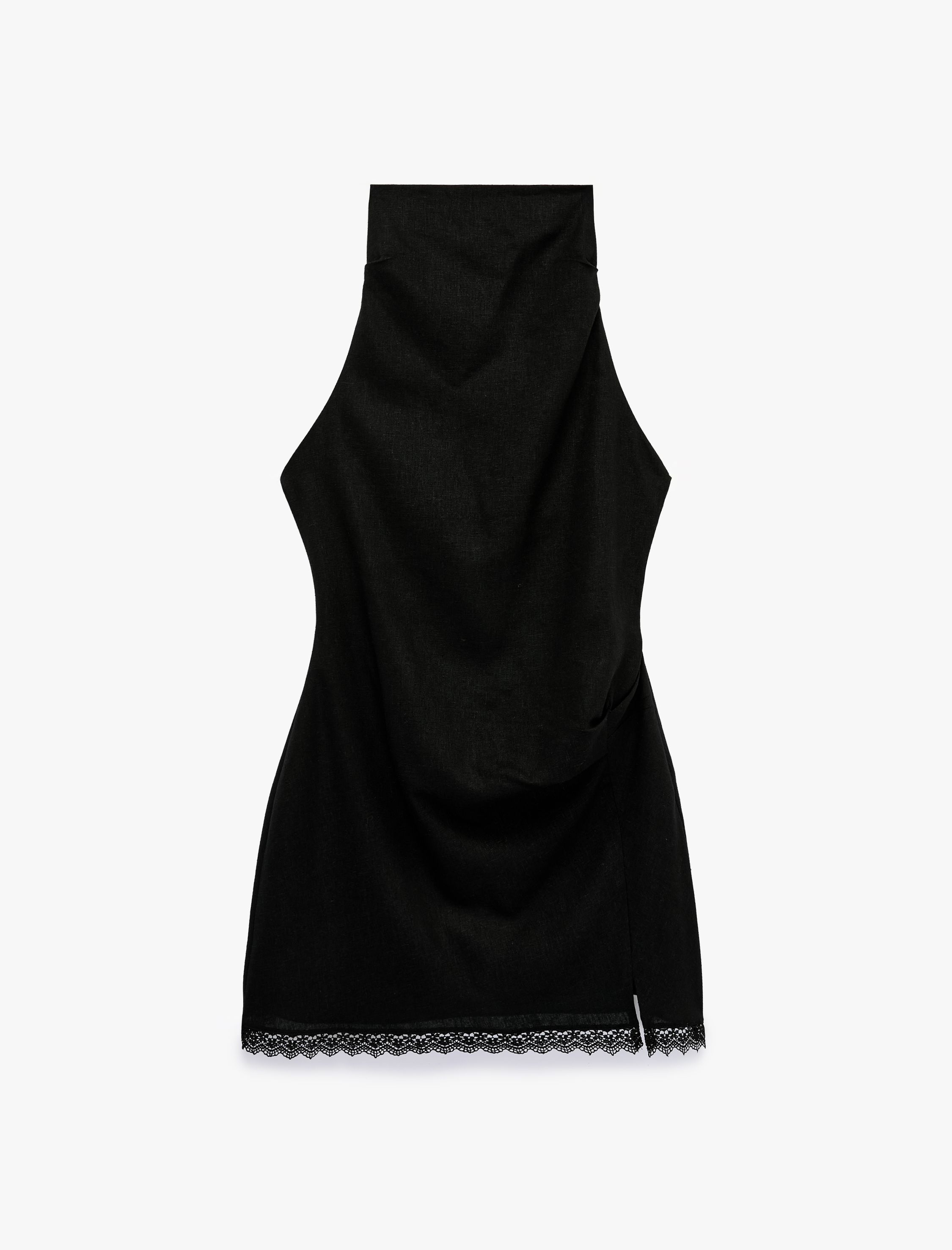   Halter Yaka Dantel Detaylı Keten ve Viskon Karışımlı Kolsuz Mini Elbise