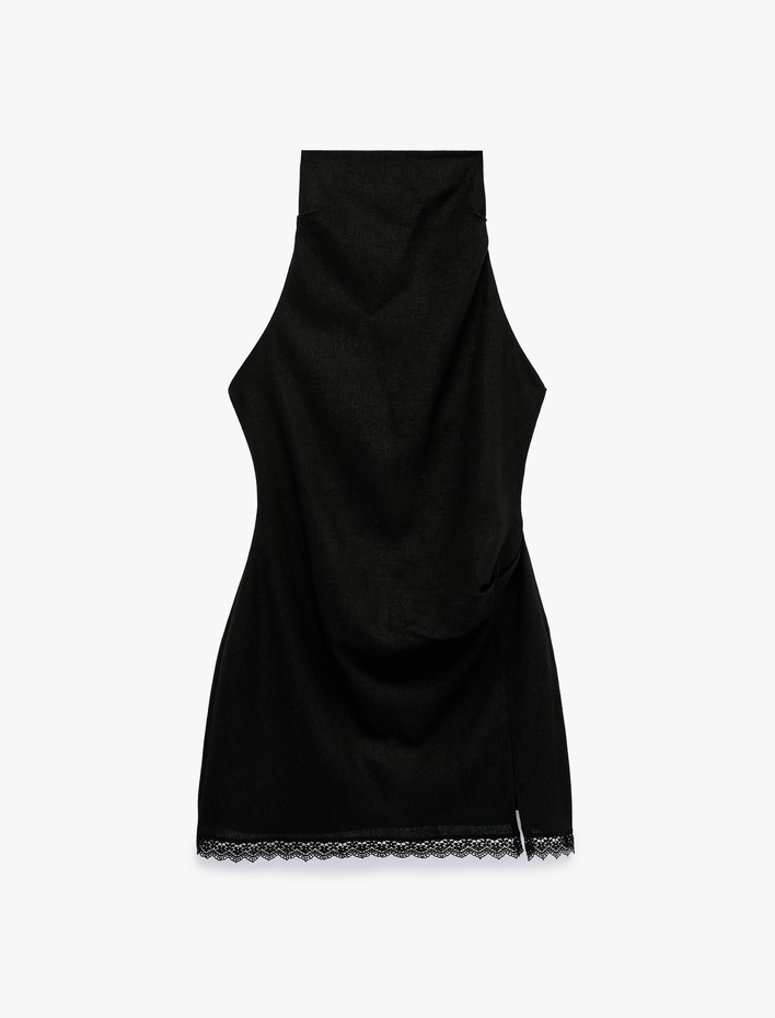  Halter Yaka Dantel Detaylı Keten ve Viskon Karışımlı Kolsuz Mini Elbise