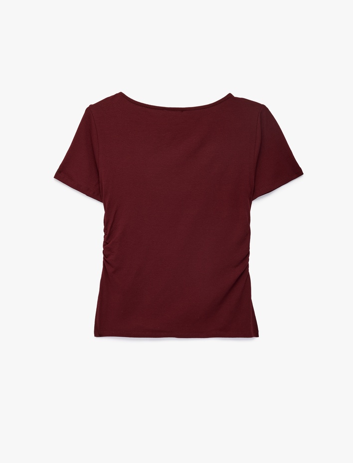  Viskon Slim Fit Büzgülü Bisiklet Yaka Kısa Kollu Tişört