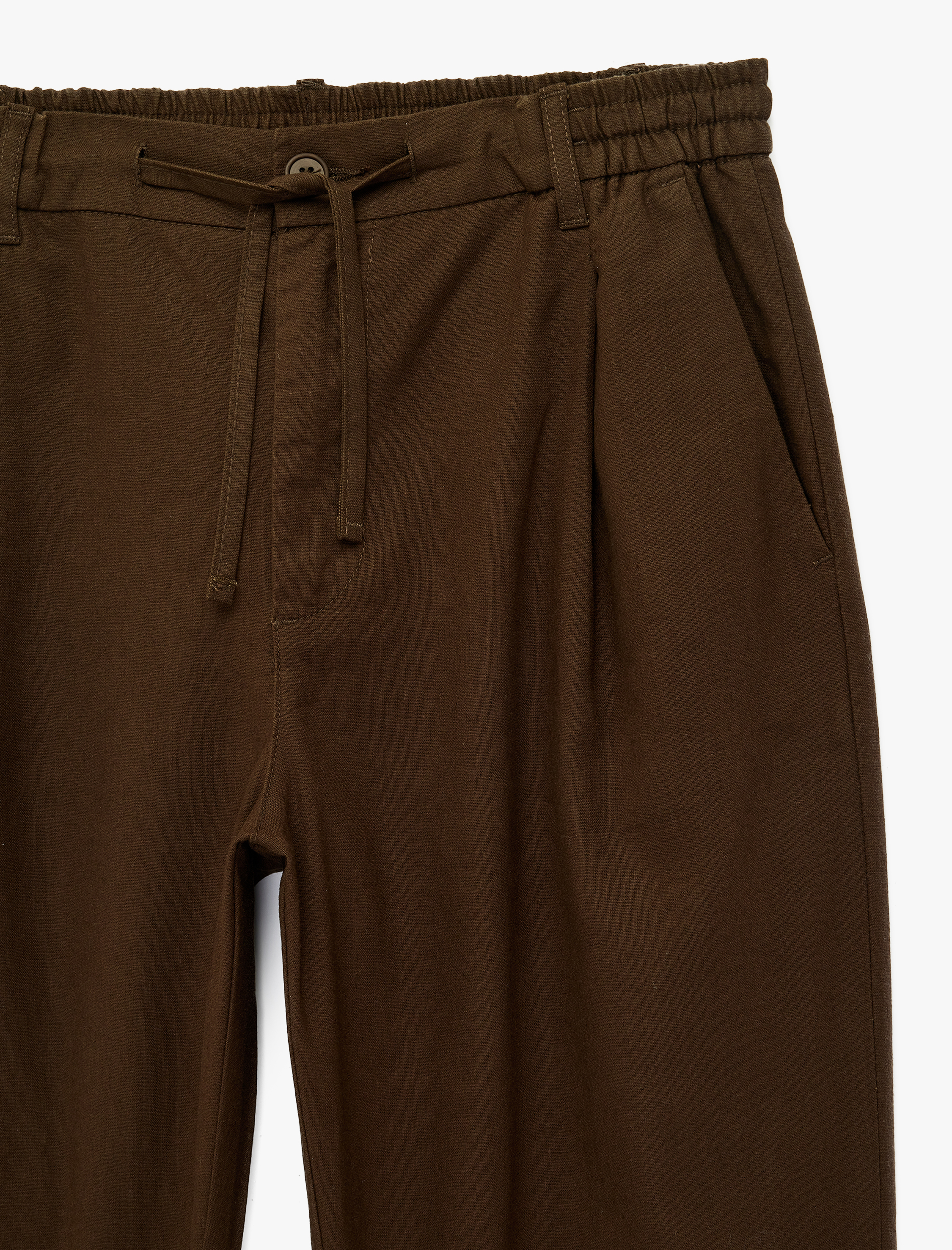   Pamuk Keten Karışımlı Cepli Pileli Slim Fit Beli Bağcıklı Pantolon