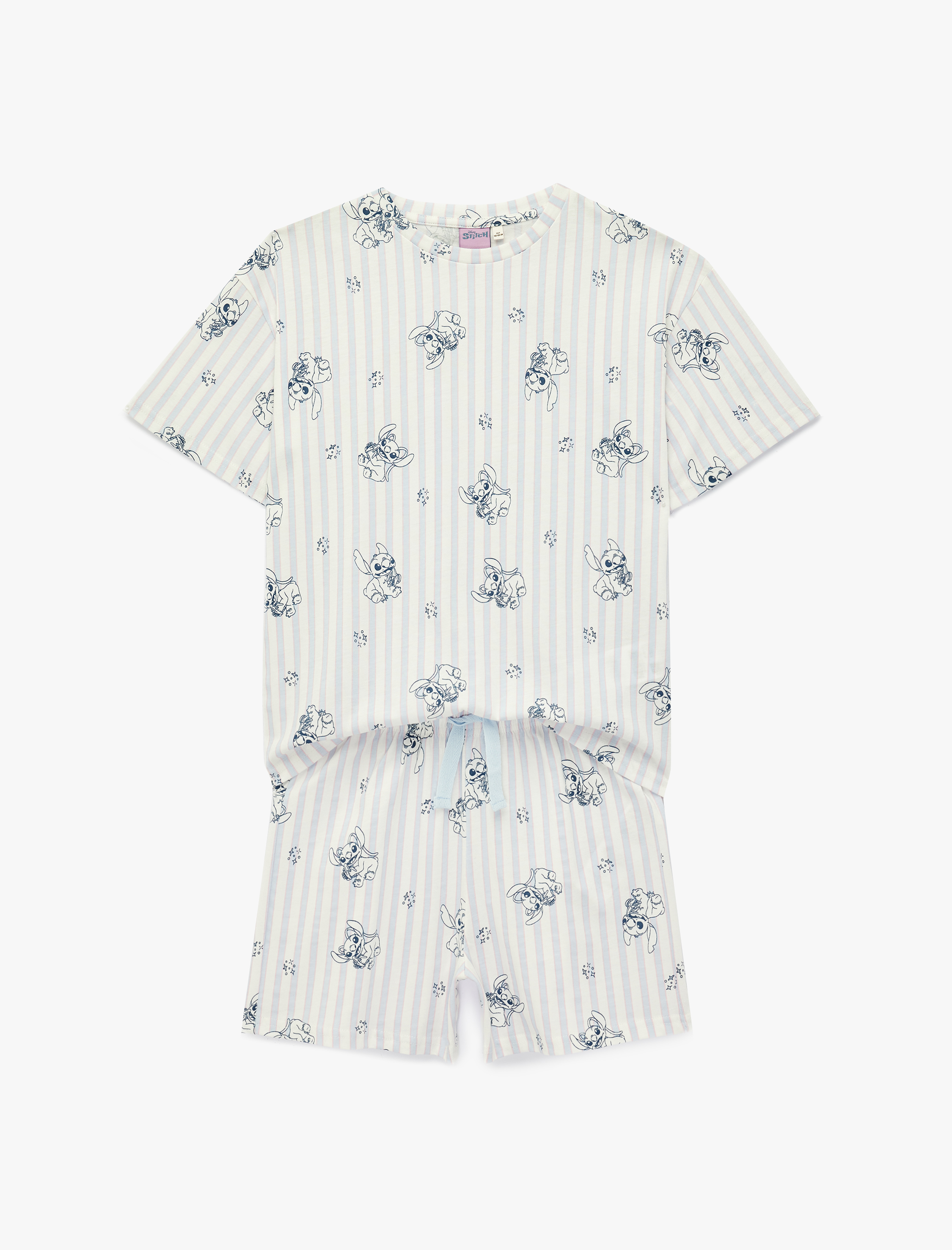  Kız Çocuk Lisanslı Pamuklu Stitch Baskılı Kısa Kollu Şortlu Pijama Takımı