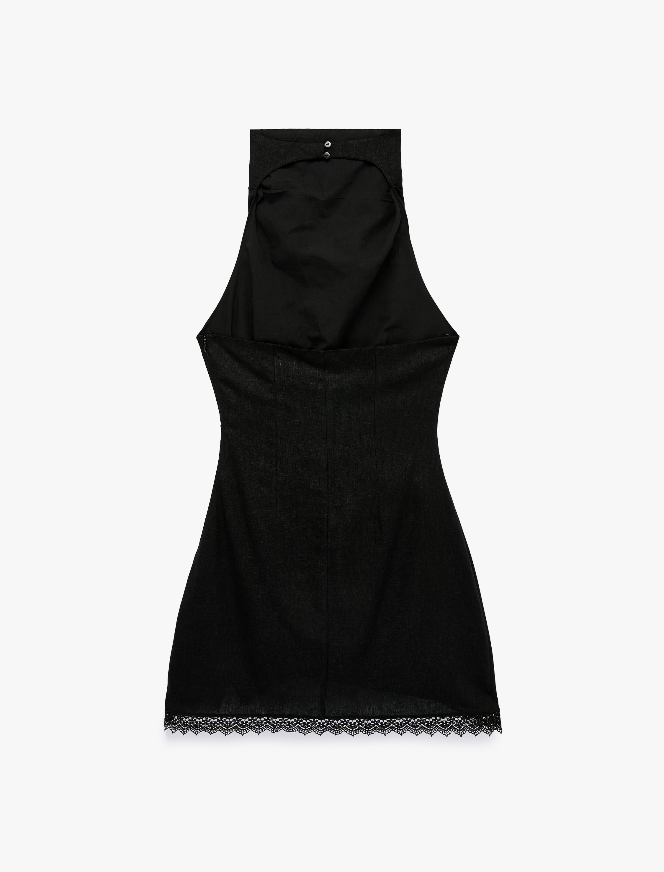   Halter Yaka Dantel Detaylı Keten ve Viskon Karışımlı Kolsuz Mini Elbise