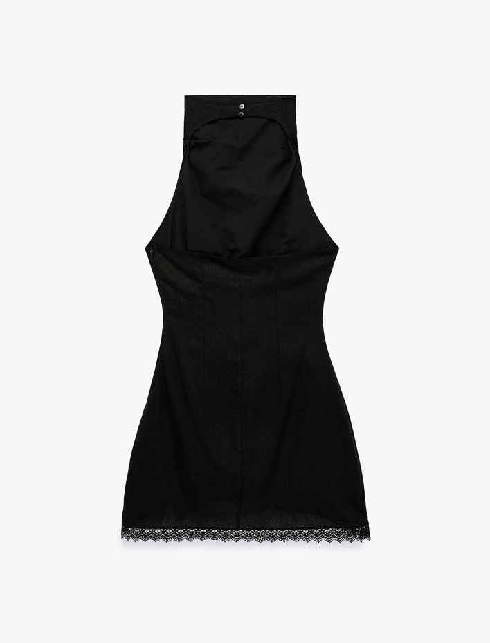  Halter Yaka Dantel Detaylı Keten ve Viskon Karışımlı Kolsuz Mini Elbise