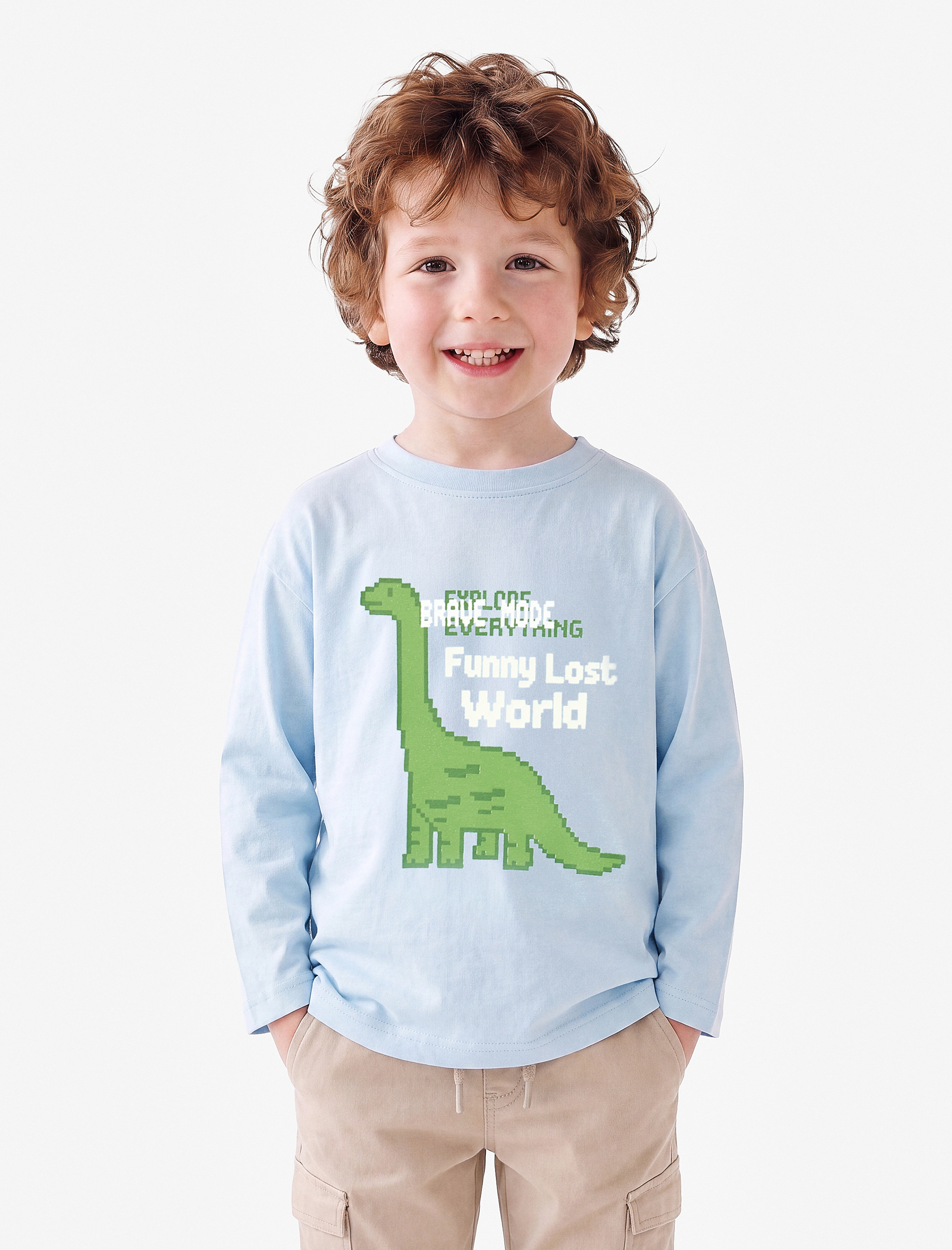  Erkek Bebek Uzun Kollu Bisiklet Yaka Dinozor Baskılı Pamuklu Tişört