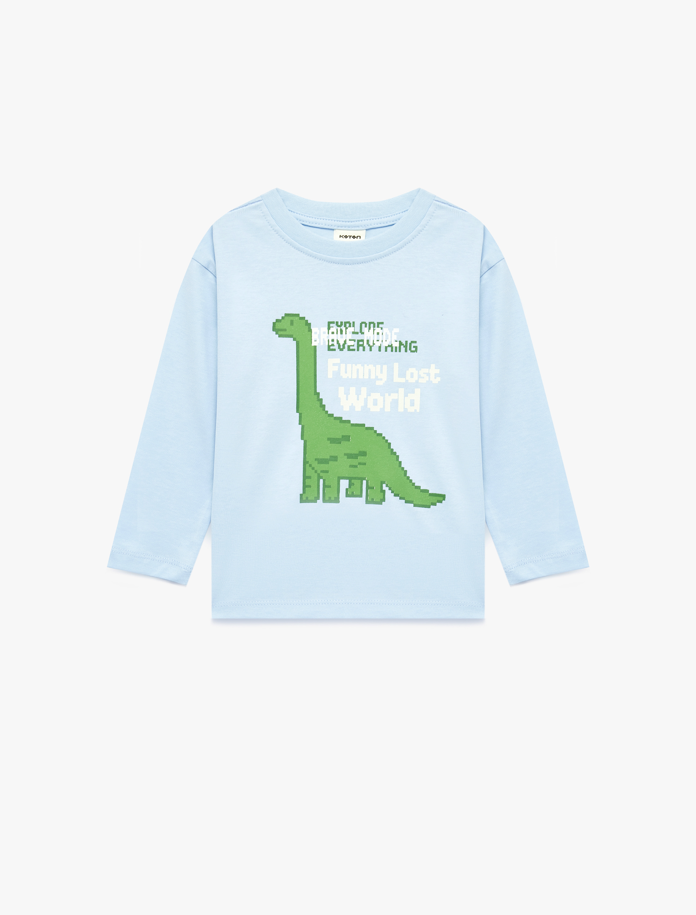  Erkek Bebek Uzun Kollu Bisiklet Yaka Dinozor Baskılı Pamuklu Tişört