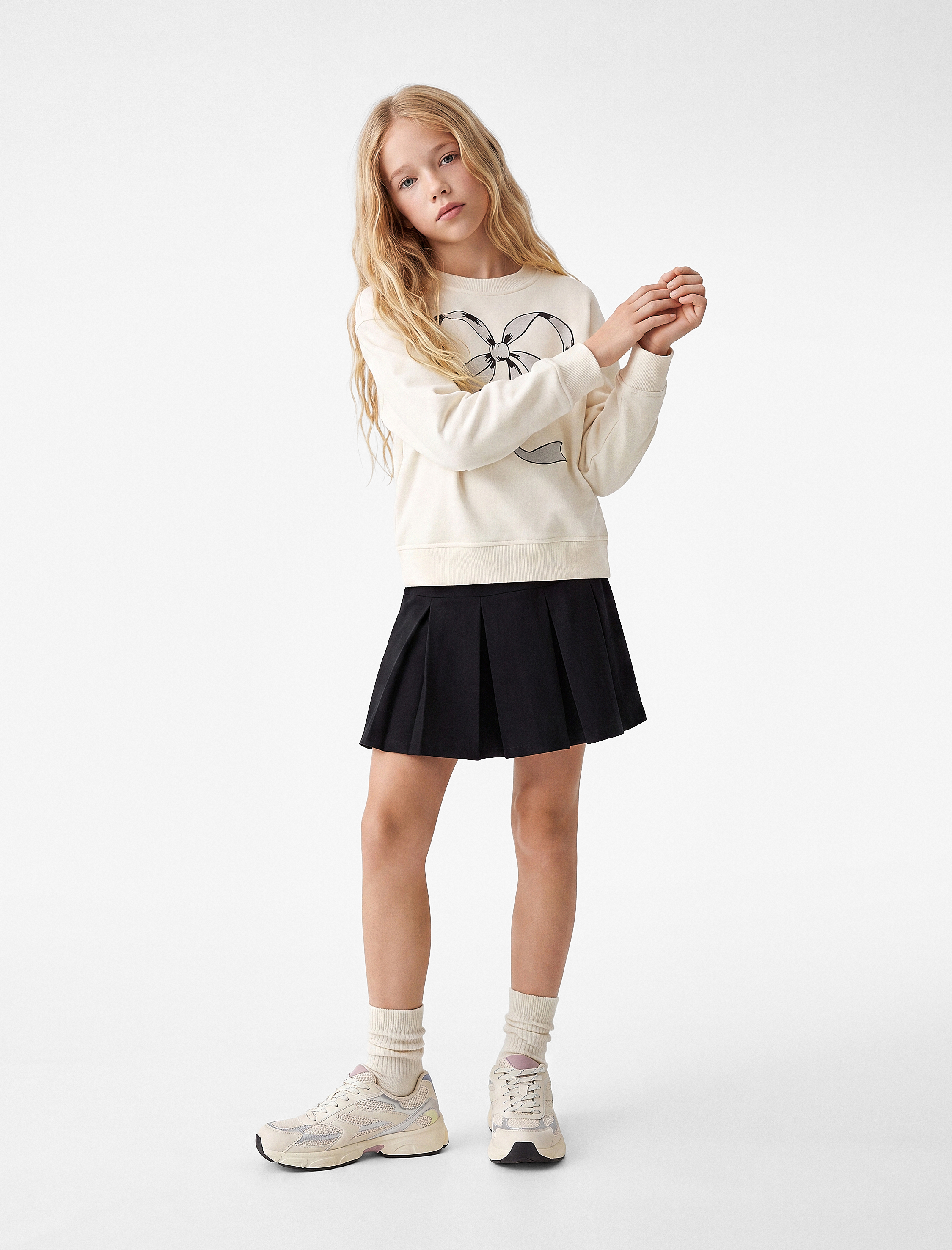  Kız Çocuk Fiyonk Baskılı Uzun Kollu Bisiklet Yaka Sweatshirt