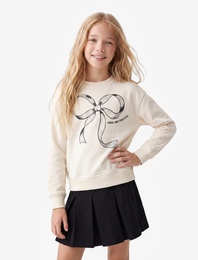 Fiyonk Baskılı Uzun Kollu Bisiklet Yaka Sweatshirt