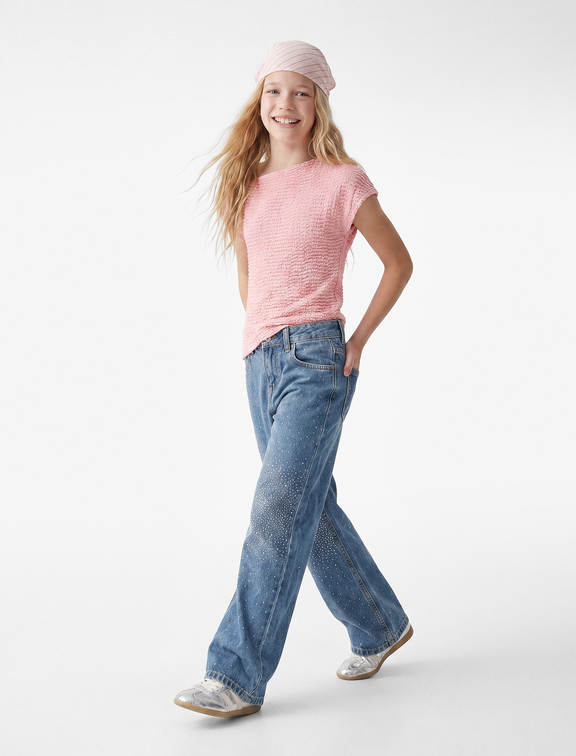  Kız Çocuk Parıltılı Taş Detaylı Pamuklu Geniş Paça Denim Pantolon