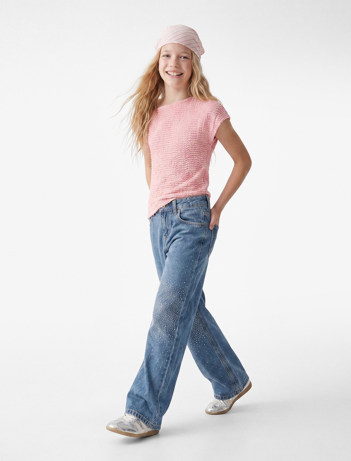 Kız Çocuk Parıltılı Taş Detaylı Pamuklu Geniş Paça Denim Pantolon